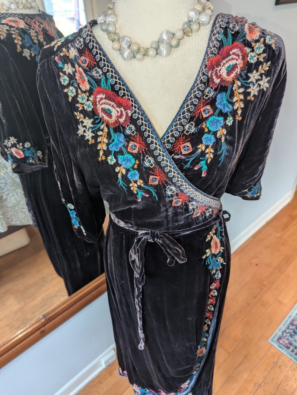 Johnny Was Black Velvet Embroidered Wrap Maxi Dress - Picture 3 of 11